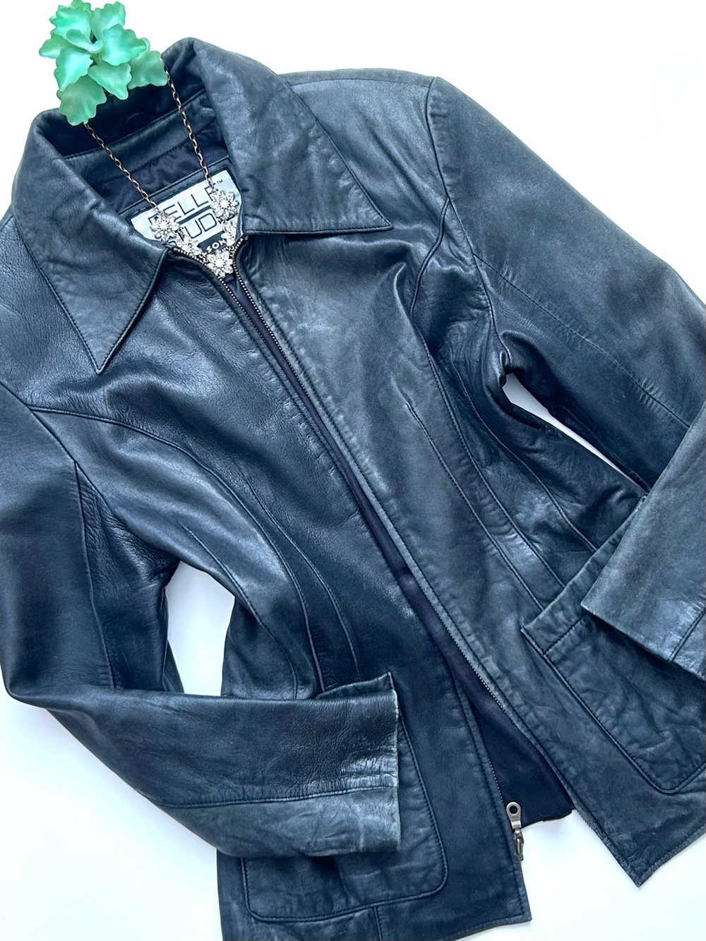 Vintage 90s Wilson's Leather Black Leather Zippered Jacket Wide Collar Size S